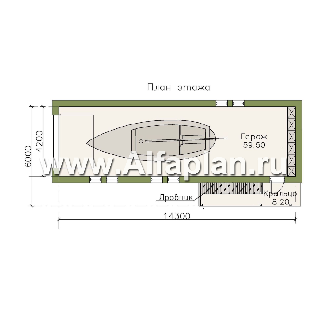 Проекты домов Альфаплан - Длинный гараж на 2 места или эллинг для катера - план проекта №1