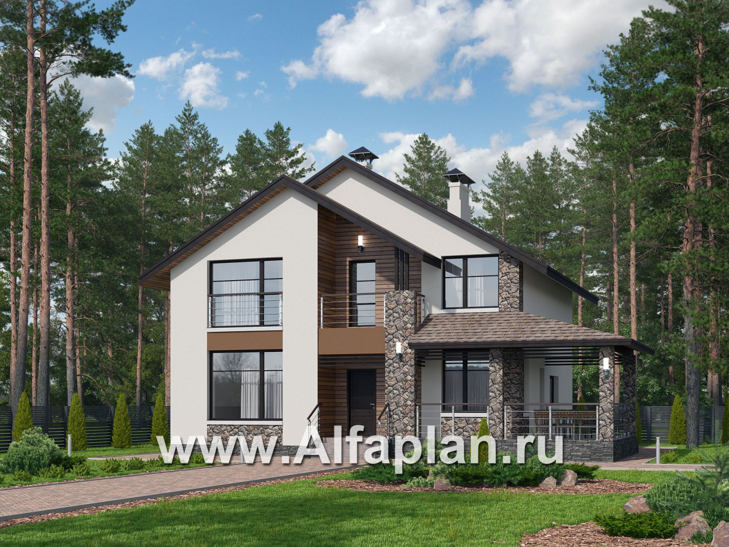 «Сороть» - проект дома с мансардой, с угловой террасой, мастер спальня, в скандинавском стиле - основное изображение