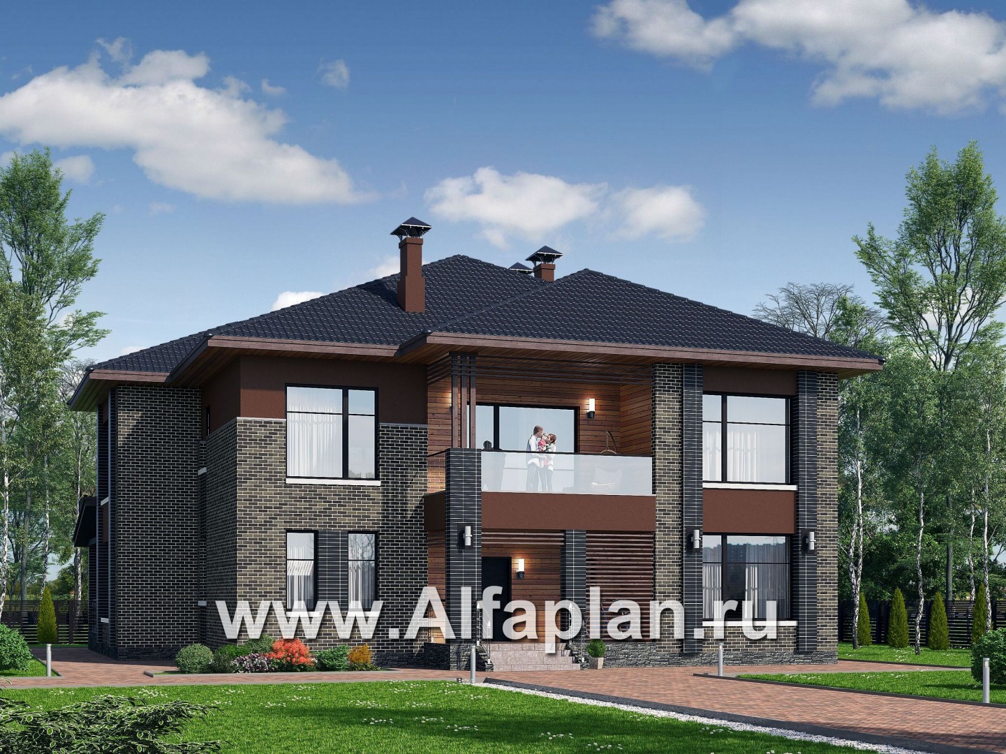 Проекты домов Альфаплан - «Неман» - загородный дом с двусветной гостиной - основное изображение