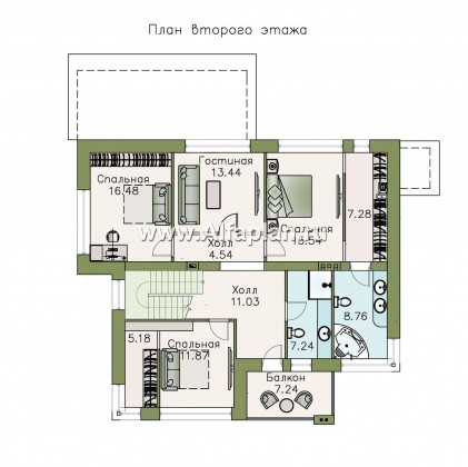 «Прайд» - проект современного двухэтажного дома из кирпича, мастер спальня, с террасой и сауной - превью план дома