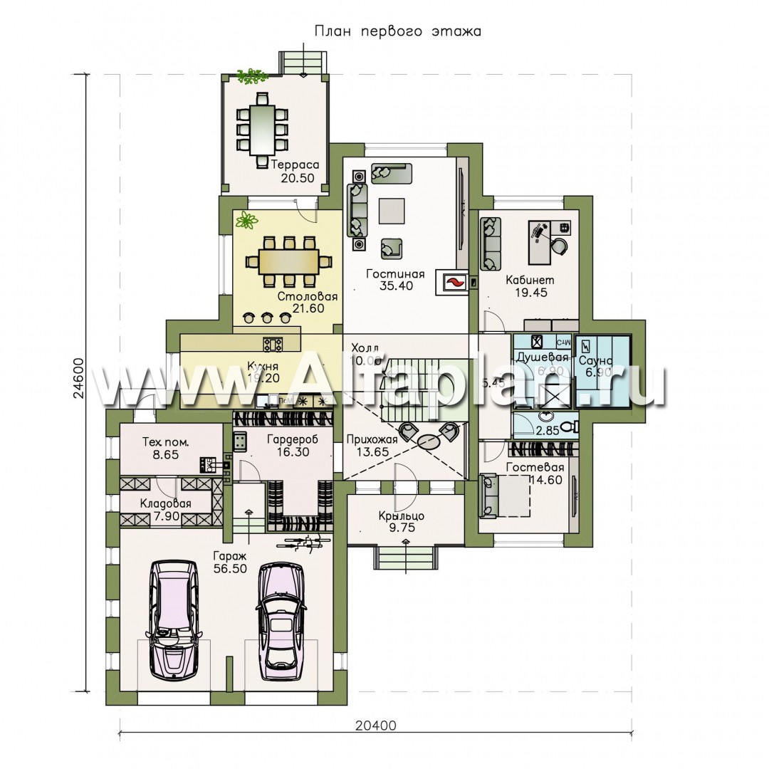 Проекты домов Альфаплан - «Рейн» — просторный современный коттедж  с большим гаражом - изображение плана проекта №1