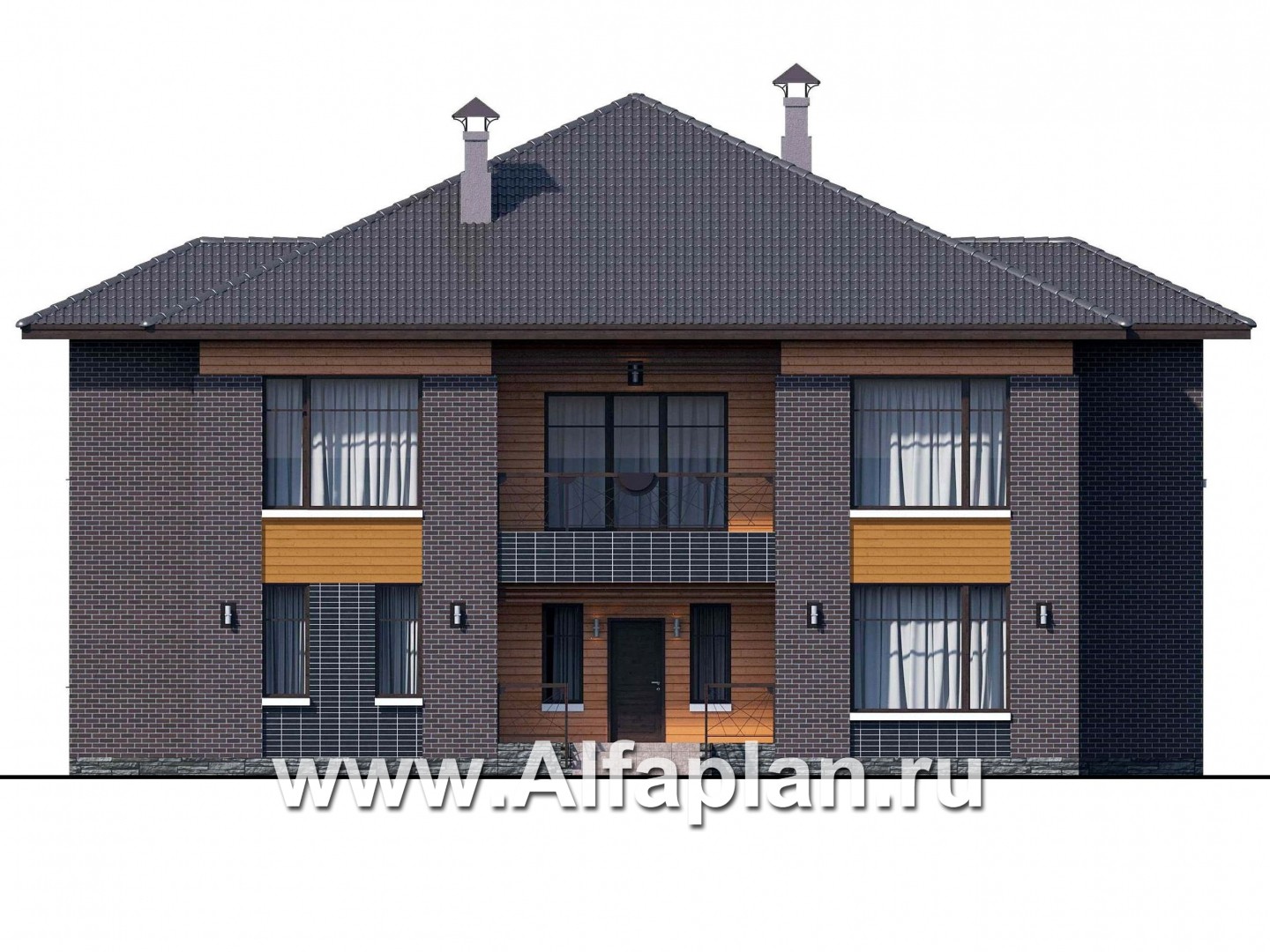 Проекты домов Альфаплан - «Дунай» — проект двухэтажного дома, вилла с двусветной гостиной, баварская кладка - изображение фасада №1