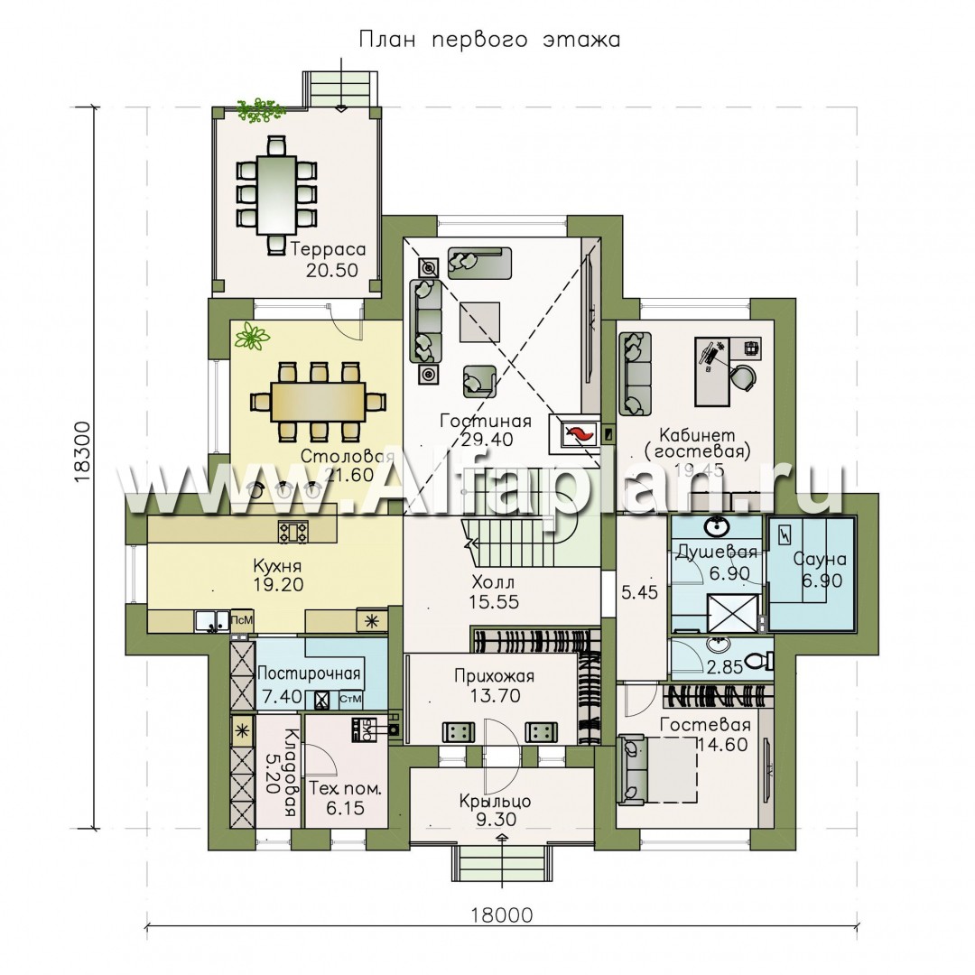 Проекты домов Альфаплан - «Дунай» — проект двухэтажного дома, вилла с двусветной гостиной, баварская кладка - план проекта №1