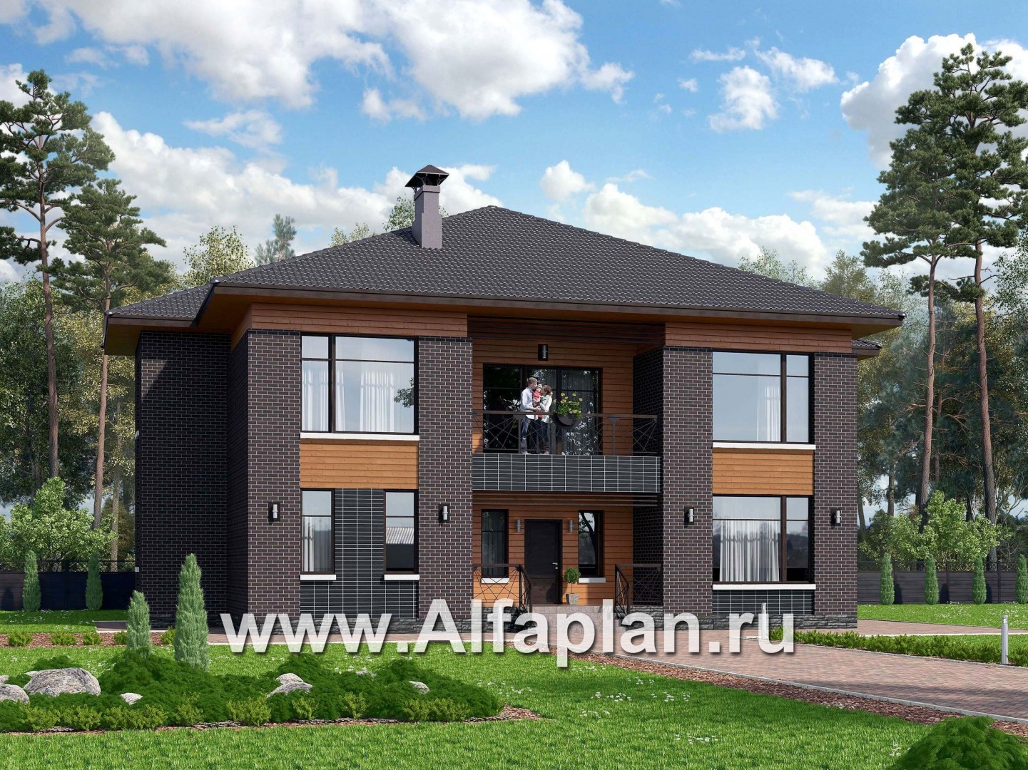 Проекты домов Альфаплан - «Дунай» — проект двухэтажного дома, вилла с двусветной гостиной, баварская кладка - основное изображение