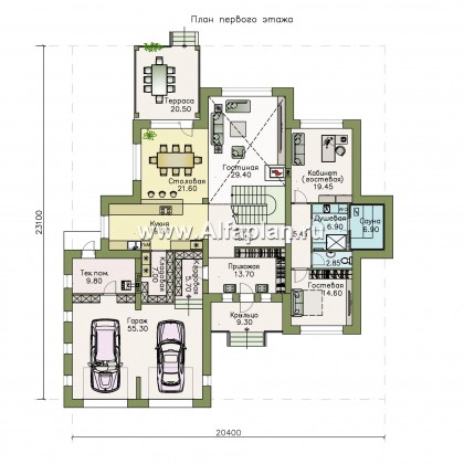 Проекты домов Альфаплан - «Дунай»   — вилла с двусветной гостиной и большим гаражом - превью плана проекта №1