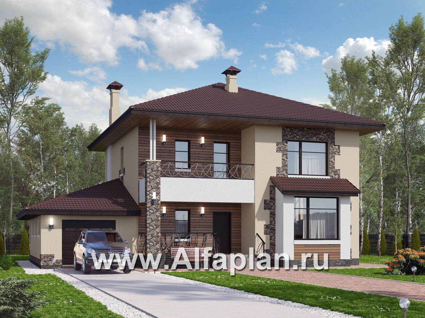 Проекты домов Альфаплан - «Вереск» — компактный и рациональный дом с гаражом - основное изображение