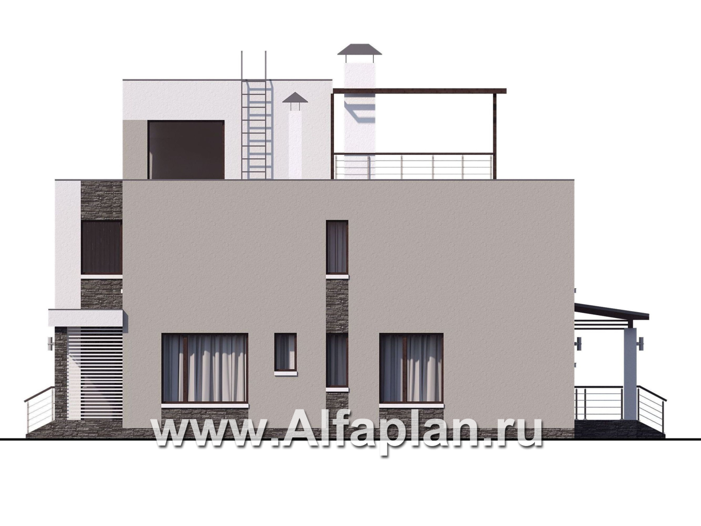 Проекты домов Альфаплан - « Альстер» — проект двухэтажного дома в стиле хай-тек, элитая вилла, с эксплуатируемой кровлей - изображение фасада №2