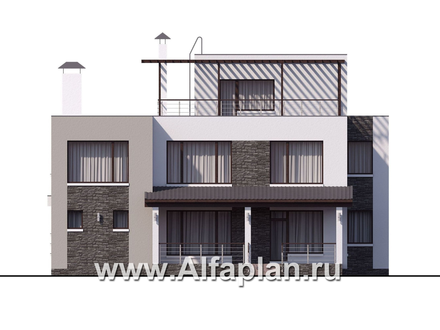 Проекты домов Альфаплан - « Альстер» — проект двухэтажного дома в стиле хай-тек, элитая вилла, с эксплуатируемой кровлей - изображение фасада №4