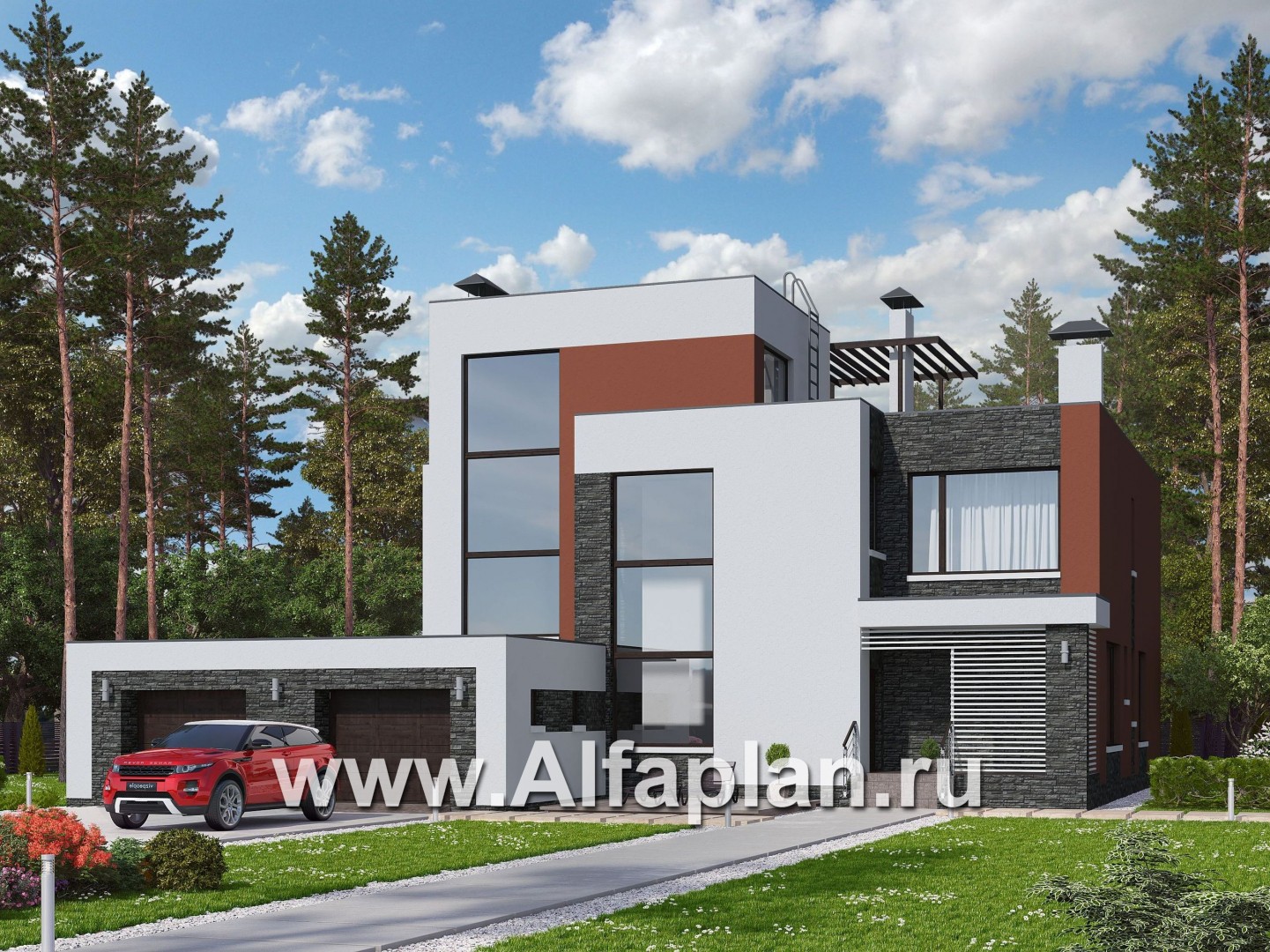 Проекты домов Альфаплан - «Альстер» — трехэтажный коттедж с гаражом и эксплуатируемой кровлей - основное изображение