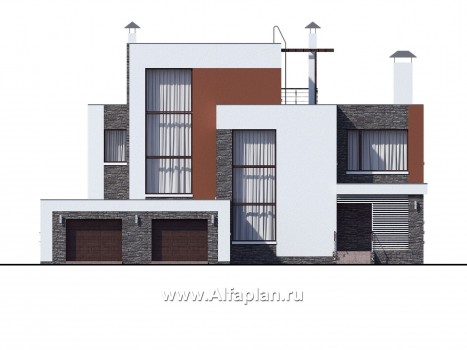 Проекты домов Альфаплан - «Альстер» — трехэтажный коттедж с гаражом и эксплуатируемой кровлей - превью фасада №1
