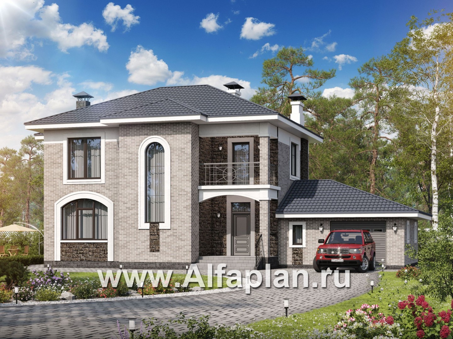 Проекты домов Альфаплан - «Топаз» - проект дома с открытой планировкой и гаражом - основное изображение