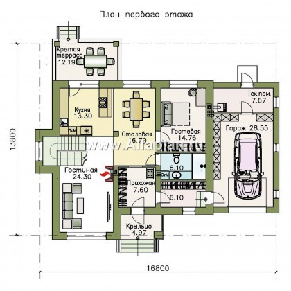 «Страйк» - проект двухэтажного дома с открытой планировкой, мастер спальня, с гаражом на 1 авто - превью план дома