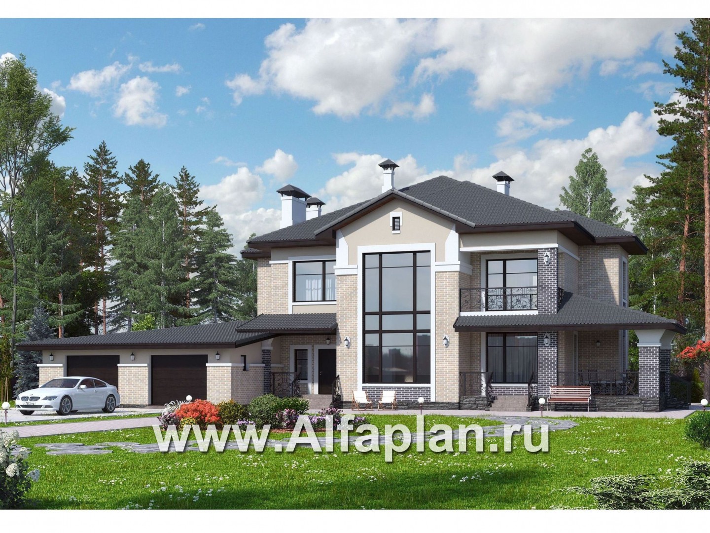 «Арно» - проект двухэтажного дома,  с двусветной гостиной, с террасой, с гаражом на 2 авто - основное изображение