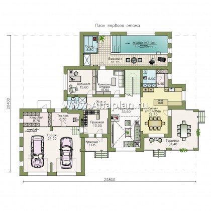 «Арно» - проект двухэтажного дома,  с двусветной гостиной,с бассейном и с террасой, с гаражом на 2 авто - превью план дома
