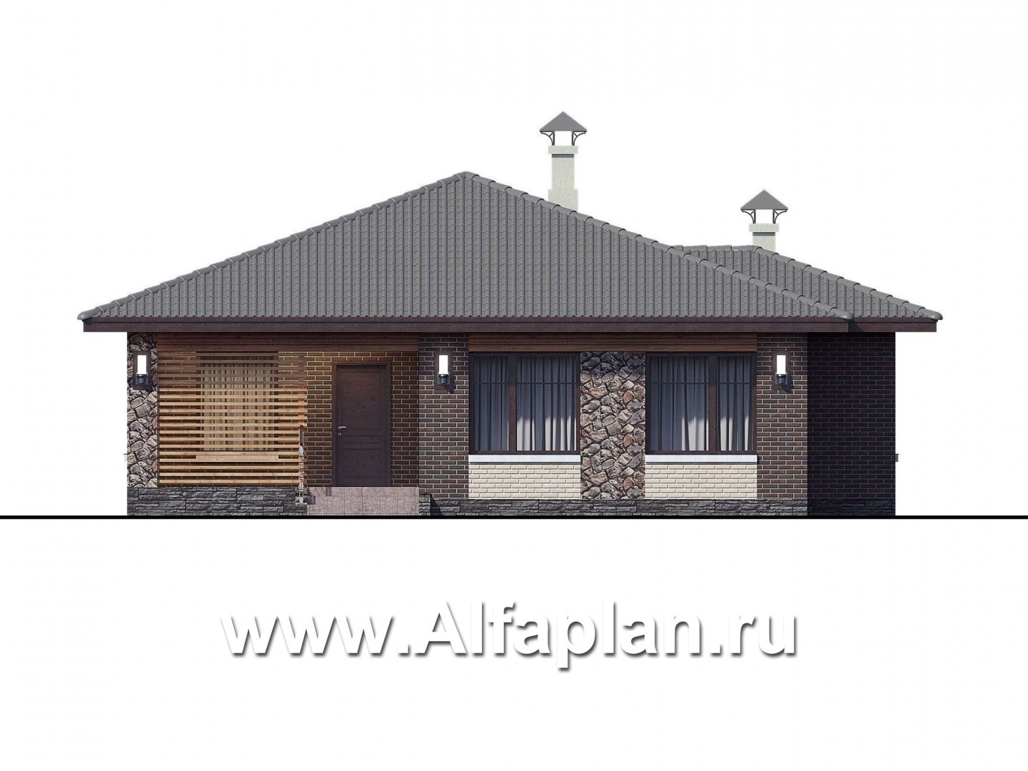 Проекты домов Альфаплан - «Волхов» - проект одноэтажного дома из кирпича с тремя спальнями - изображение фасада №1