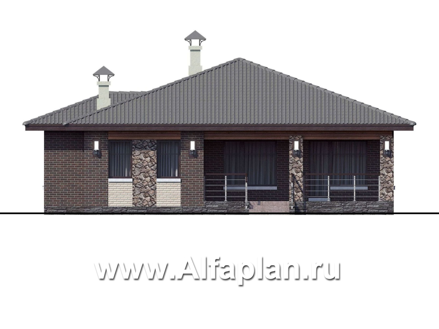 Проекты домов Альфаплан - «Волхов» - проект одноэтажного дома из кирпича с тремя спальнями - изображение фасада №4