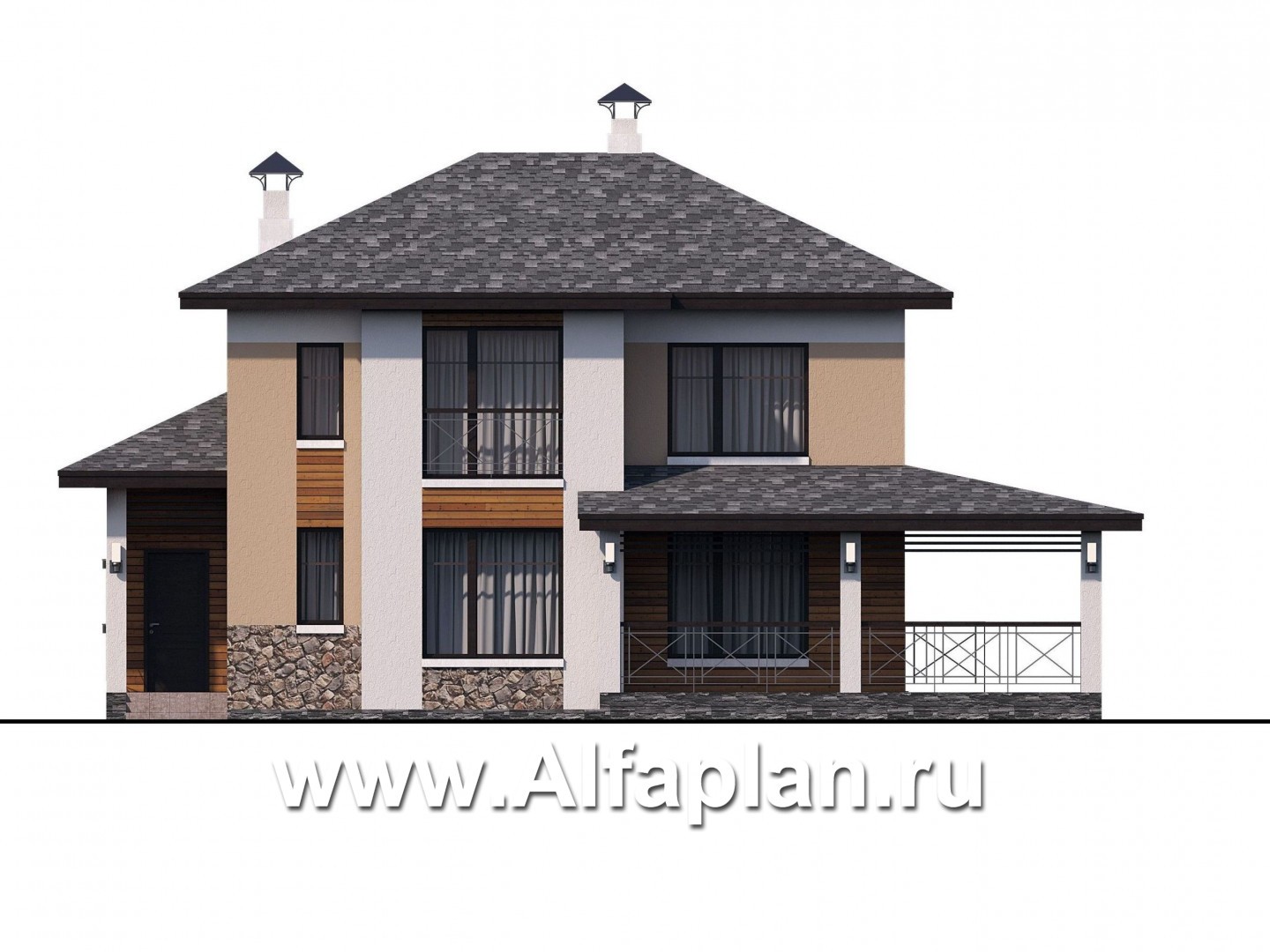 Проекты домов Альфаплан - «Стимул» - проект двухэтажного дома с угловой террасой, планировка с кабинетом на 1 эт, в современном стиле - изображение фасада №1
