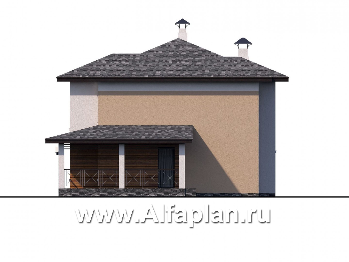 Проекты домов Альфаплан - «Стимул» - проект двухэтажного дома с угловой террасой, планировка с кабинетом на 1 эт, в современном стиле - изображение фасада №2
