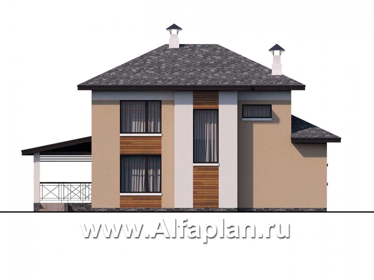 Проекты домов Альфаплан - «Стимул» - проект двухэтажного дома с угловой террасой, планировка с кабинетом на 1 эт, в современном стиле - изображение фасада №4