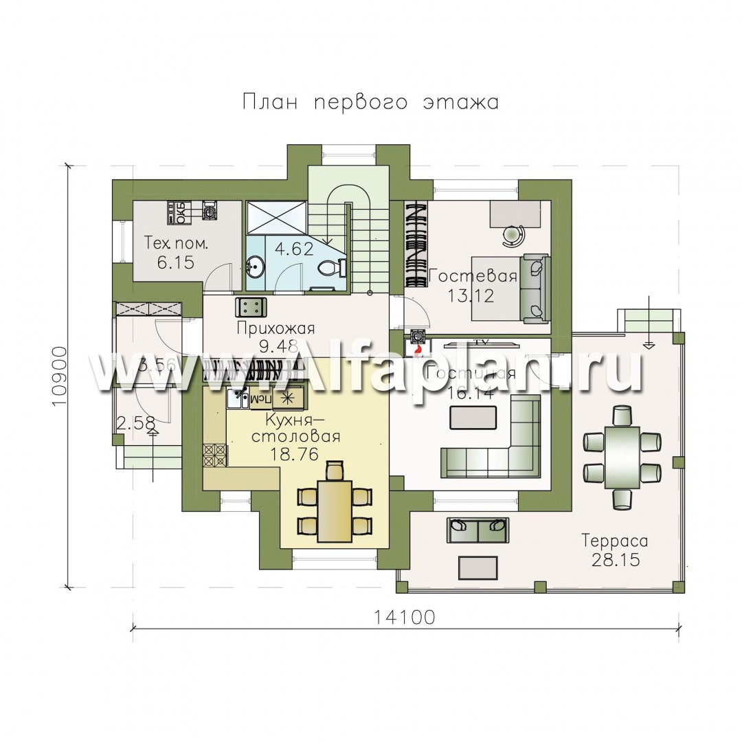 Проекты домов Альфаплан - «Стимул» - проект двухэтажного дома с угловой террасой, планировка с кабинетом на 1 эт, в современном стиле - план проекта №1