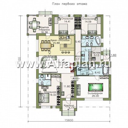 Проекты домов Альфаплан - «Днестр» - одноэтажный коттедж с бильярдной и сауной - превью плана проекта №1