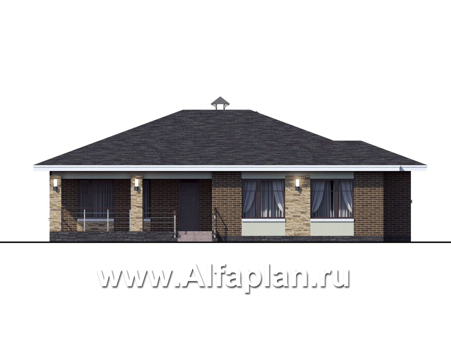 Проекты домов Альфаплан - «Вуокса» - проект одноэтажного дома из кирпича, с комфортной планировкой, с террасой со стороны входа - изображение фасада №1