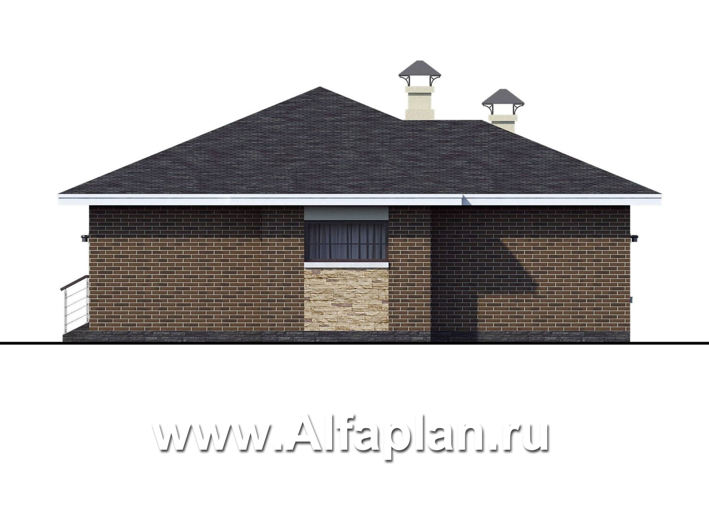 Проекты домов Альфаплан - «Вуокса» - проект одноэтажного дома из кирпича, с комфортной планировкой, с террасой со стороны входа - изображение фасада №2