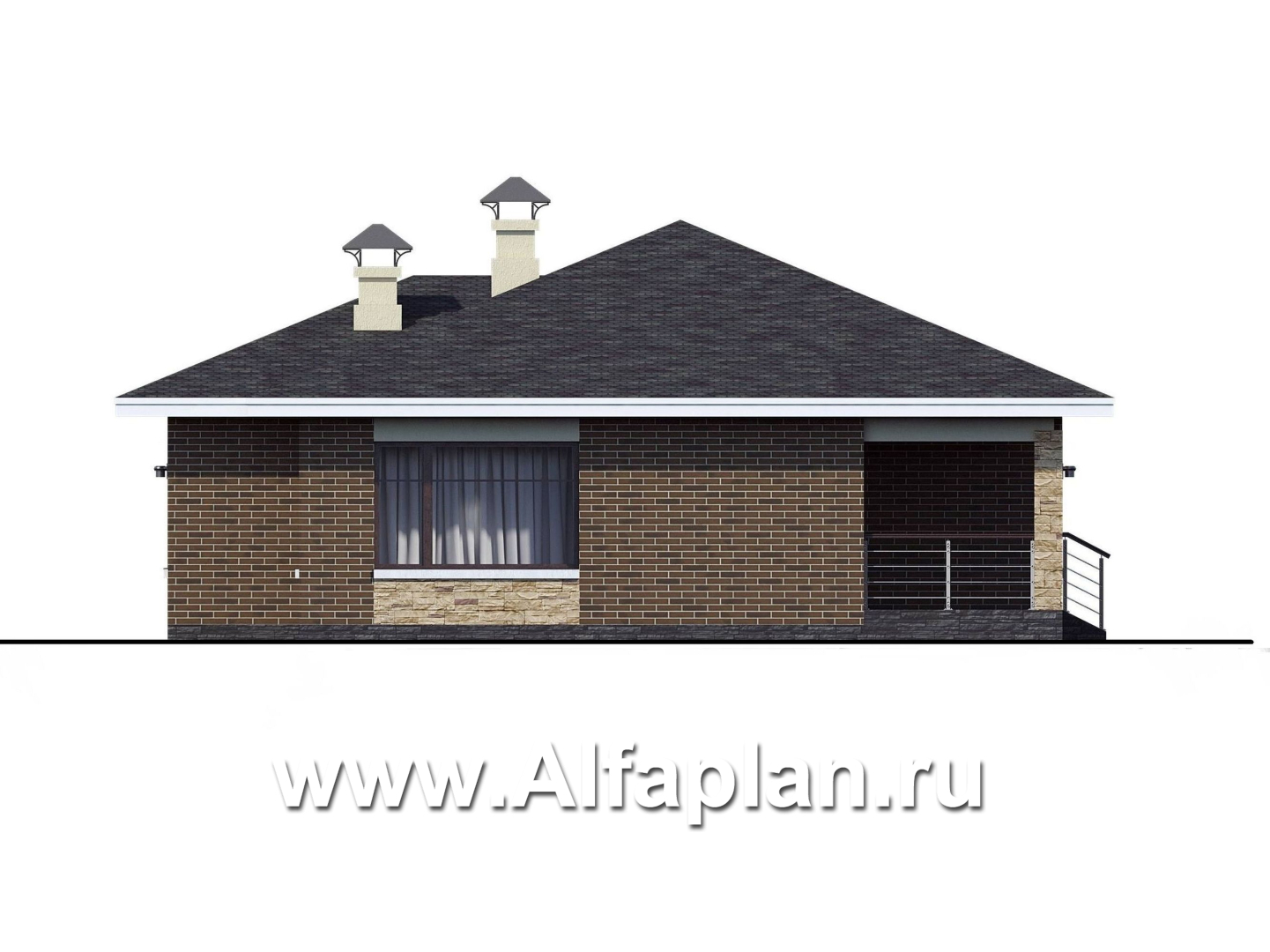 Проекты домов Альфаплан - «Вуокса» - проект одноэтажного дома из кирпича, с комфортной планировкой, с террасой со стороны входа - изображение фасада №3