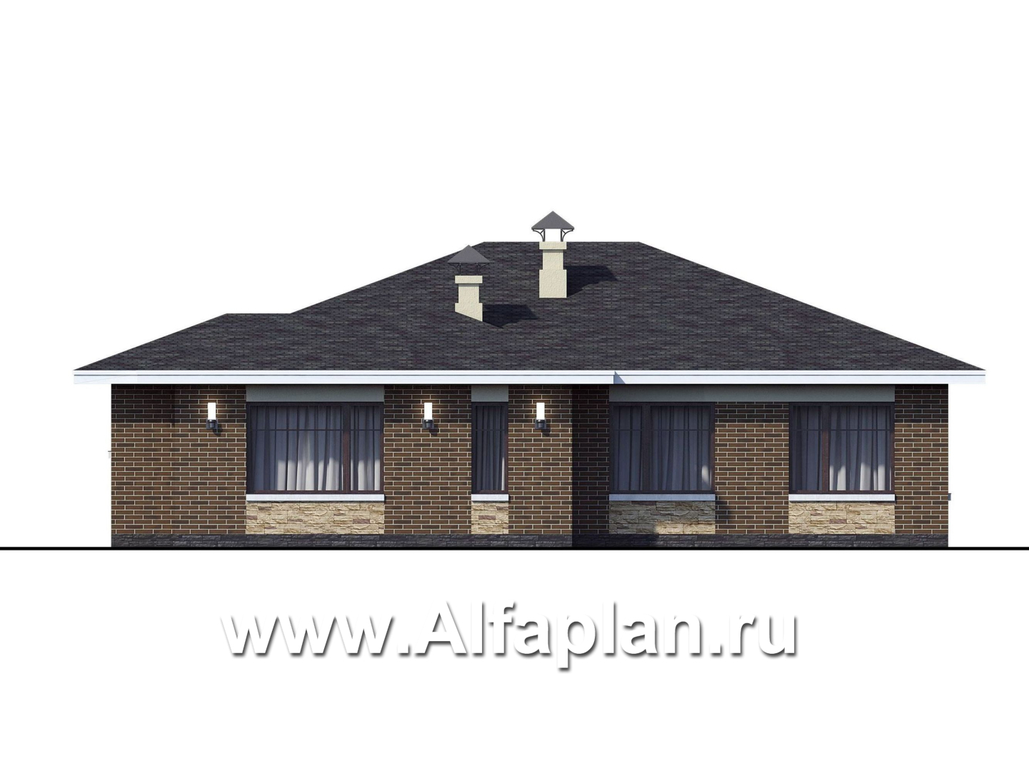 Проекты домов Альфаплан - «Вуокса» - проект одноэтажного дома из кирпича, с комфортной планировкой, с террасой со стороны входа - изображение фасада №4