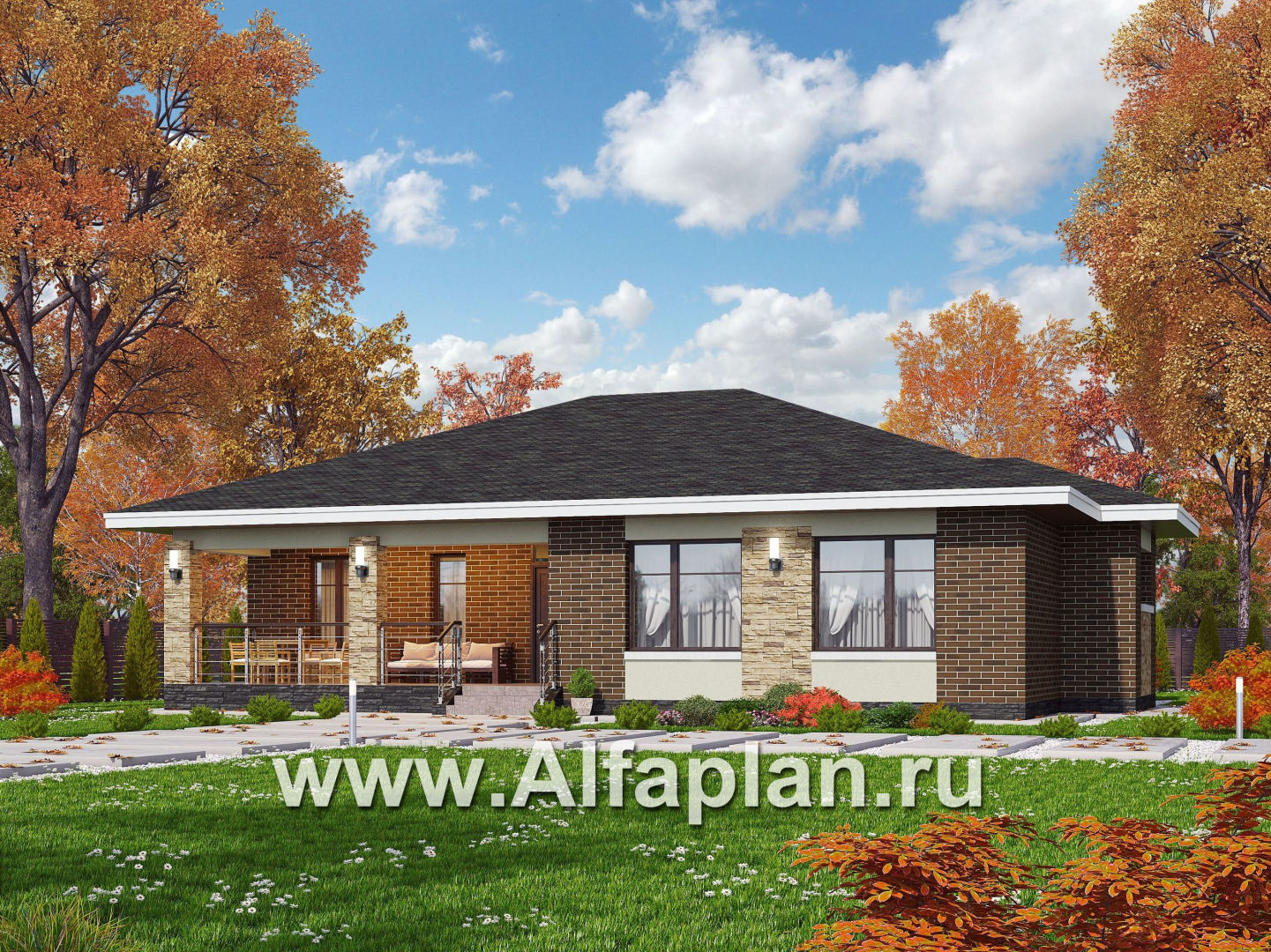 «Вуокса» - проект одноэтажного дома из кирпича, с комфортной планировкой, с террасой со стороны входа - основное изображение