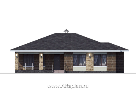 Проекты домов Альфаплан - «Вуокса» - проект одноэтажного дома из кирпича, с комфортной планировкой, с террасой со стороны входа - превью фасада №1