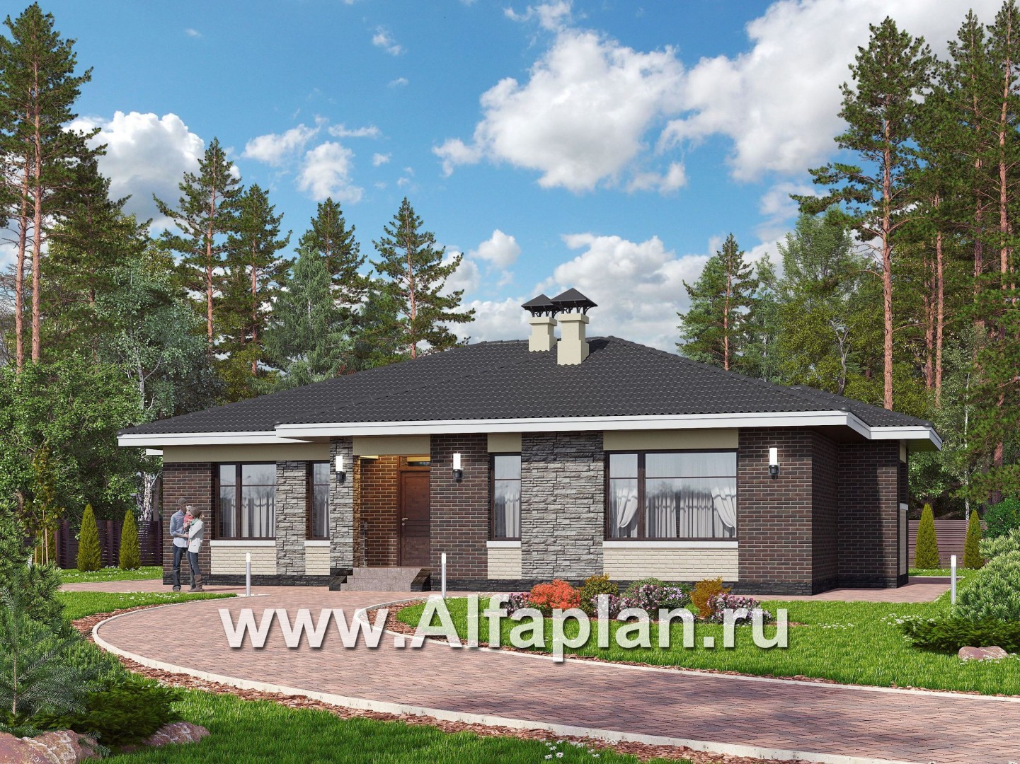 Проекты домов Альфаплан - «Вуокса» - одноэтажный дом с просторной гостиной-столовой - основное изображение
