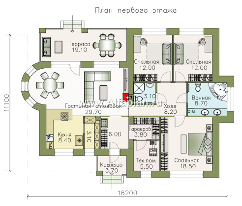 «Вуокса» - проект одноэтажного дома из кирпича, с комфортной планировкой, с эркером и с террасой - превью план дома