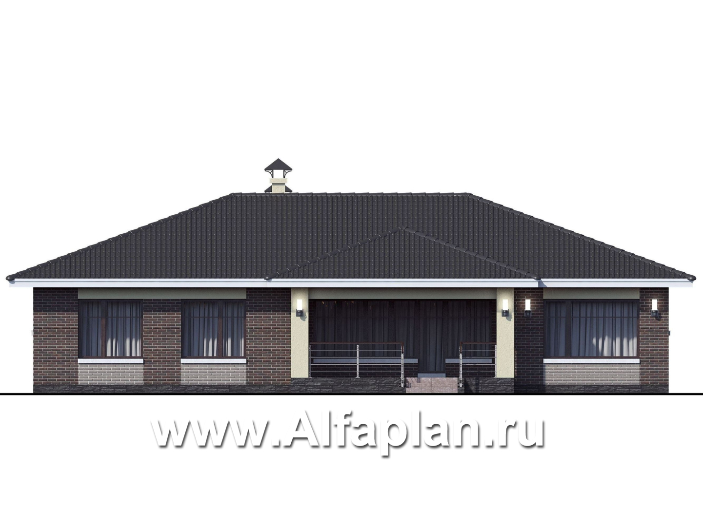 «Ангара» - проект просторного одноэтажного дома, 5 спален, планировка дома с террасой - фасад дома