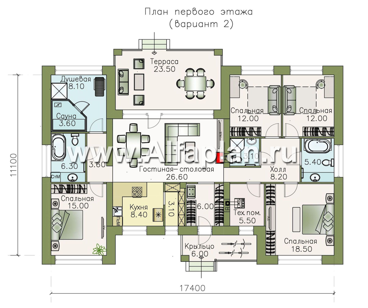 «Ангара» - проект просторного одноэтажного дома, 5 спален, планировка дома с террасой - план дома