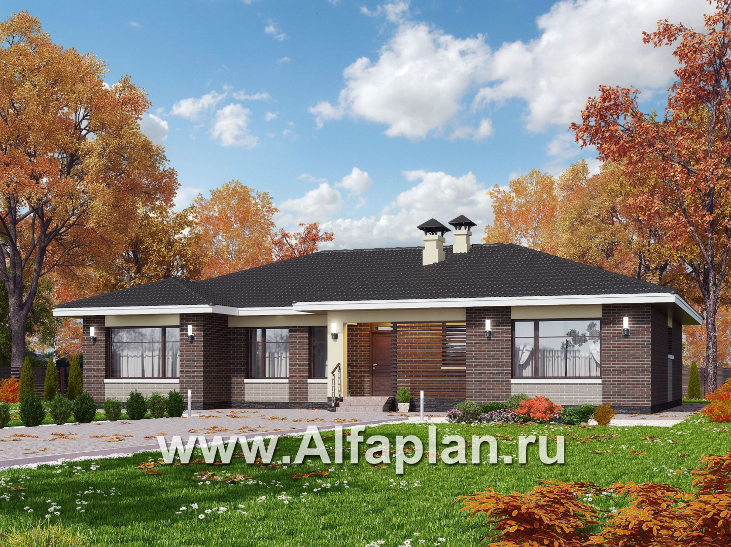 «Ангара» - проект просторного одноэтажного дома, 5 спален, планировка дома с террасой - основное изображение