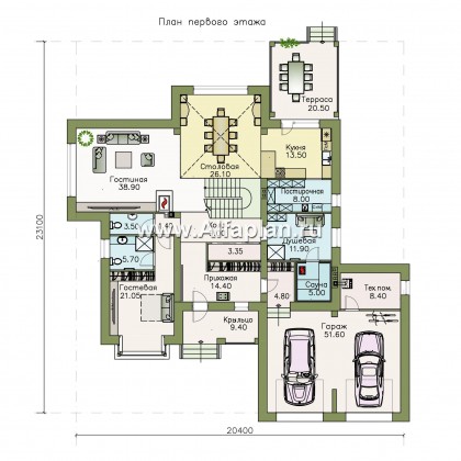 Проекты домов Альфаплан - «Висла» — особняк с двусветной столовой и гаражом на два автомобиля - превью плана проекта №1
