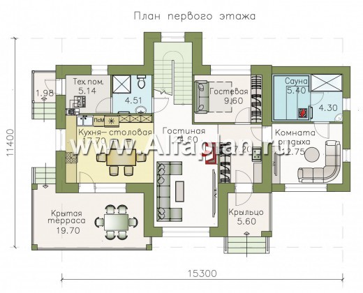 «Саар»- проект двухэтажного дома, с террасой, с гостевой на 1 этаже, в стиле Райта, с сауной в пристройке - превью план дома