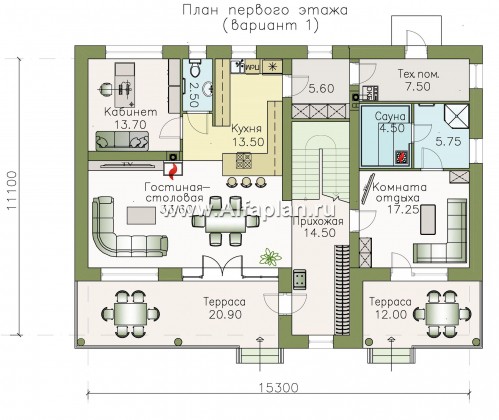 «Сезанн» - современный проект двухэтажного дома с террасой и с балконом, пристройка с сауной или квартирой,  с односкатной кровлей - превью план дома