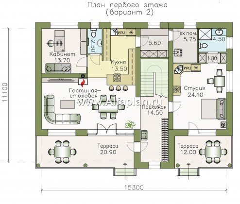 «Сезанн» - современный проект двухэтажного дома с террасой и с балконом, пристройка с сауной или квартирой,  с односкатной кровлей - превью план дома