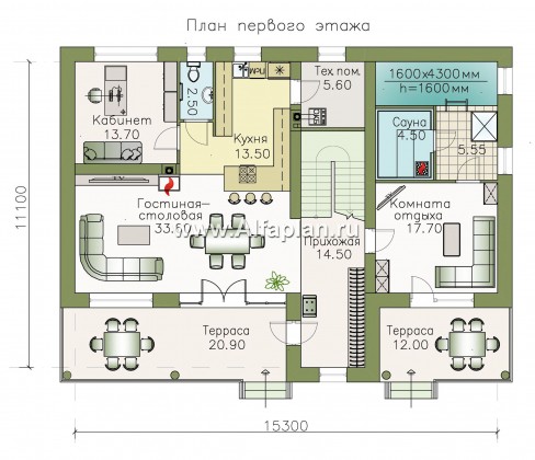 «Гоген» - проект двухэтажного дома из газобетона, с террасой, стиль баухаус, с сауной и биллиардной - превью план дома