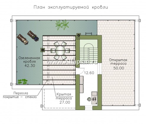 «Гоген» - проект двухэтажного дома, дуплекс из газобетона, с террасой, стиль баухаус с эксплуатируемой кровлей - превью план дома