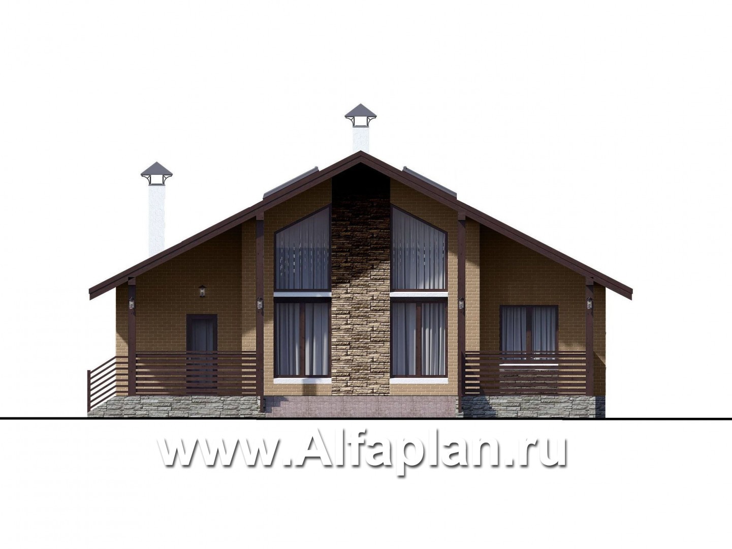 Проекты домов Альфаплан - «Моризо» - проект дома с мансардой, планировка с двусветной гостиной и 2 спальни на 1 эт, шале с двускатной крышей - изображение фасада №1