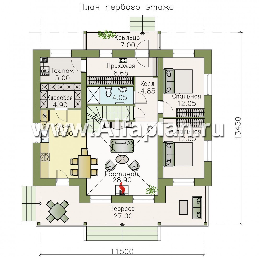 Проекты домов Альфаплан - «Моризо» - проект дома с мансардой, планировка с двусветной гостиной и 2 спальни на 1 эт, шале с двускатной крышей - план проекта №1