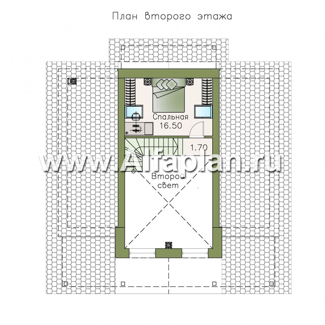Проекты домов Альфаплан - «Моризо» - проект дома с мансардой, планировка с двусветной гостиной и 2 спальни на 1 эт, шале с двускатной крышей - план проекта №2