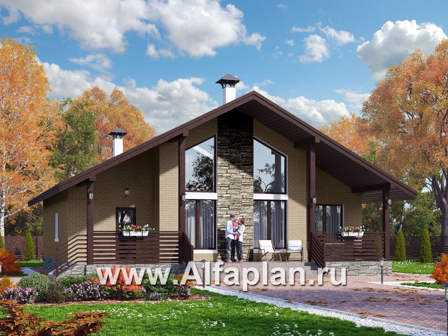 Проекты домов Альфаплан - «Моризо» - проект дома с мансардой, планировка с двусветной гостиной и 2 спальни на 1 эт, шале с двускатной крышей - основное изображение