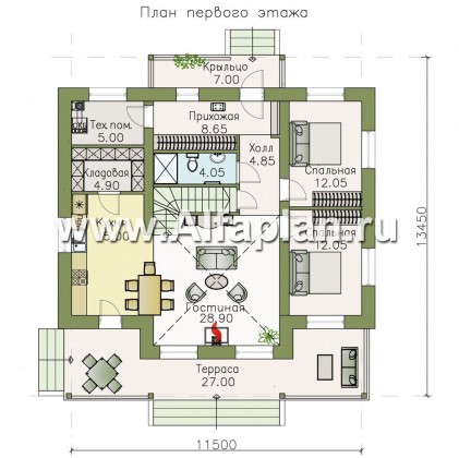 Проекты домов Альфаплан - «Моризо» - проект дома с мансардой, планировка с двусветной гостиной и 2 спальни на 1 эт, шале с двускатной крышей - превью плана проекта №1