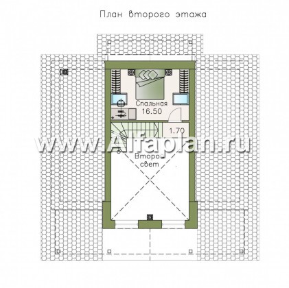 Проекты домов Альфаплан - «Моризо» - проект дома с мансардой, планировка с двусветной гостиной и 2 спальни на 1 эт, шале с двускатной крышей - превью плана проекта №2