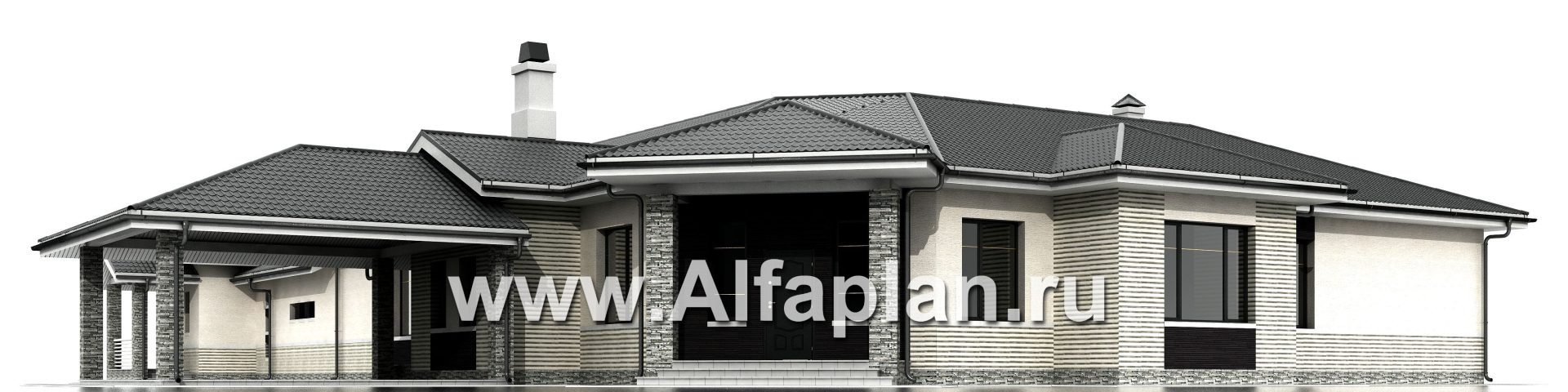 Проекты домов Альфаплан - «Модуль» — проект одноэтажного дома, со спортзалом и сауной, с бассейном и гостевой квартирой - изображение фасада №1