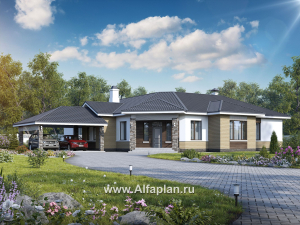 Проекты домов Альфаплан - «Модуль» — проект одноэтажного дома, со спортзалом и сауной, с бассейном и гостевой квартирой - превью основного изображения